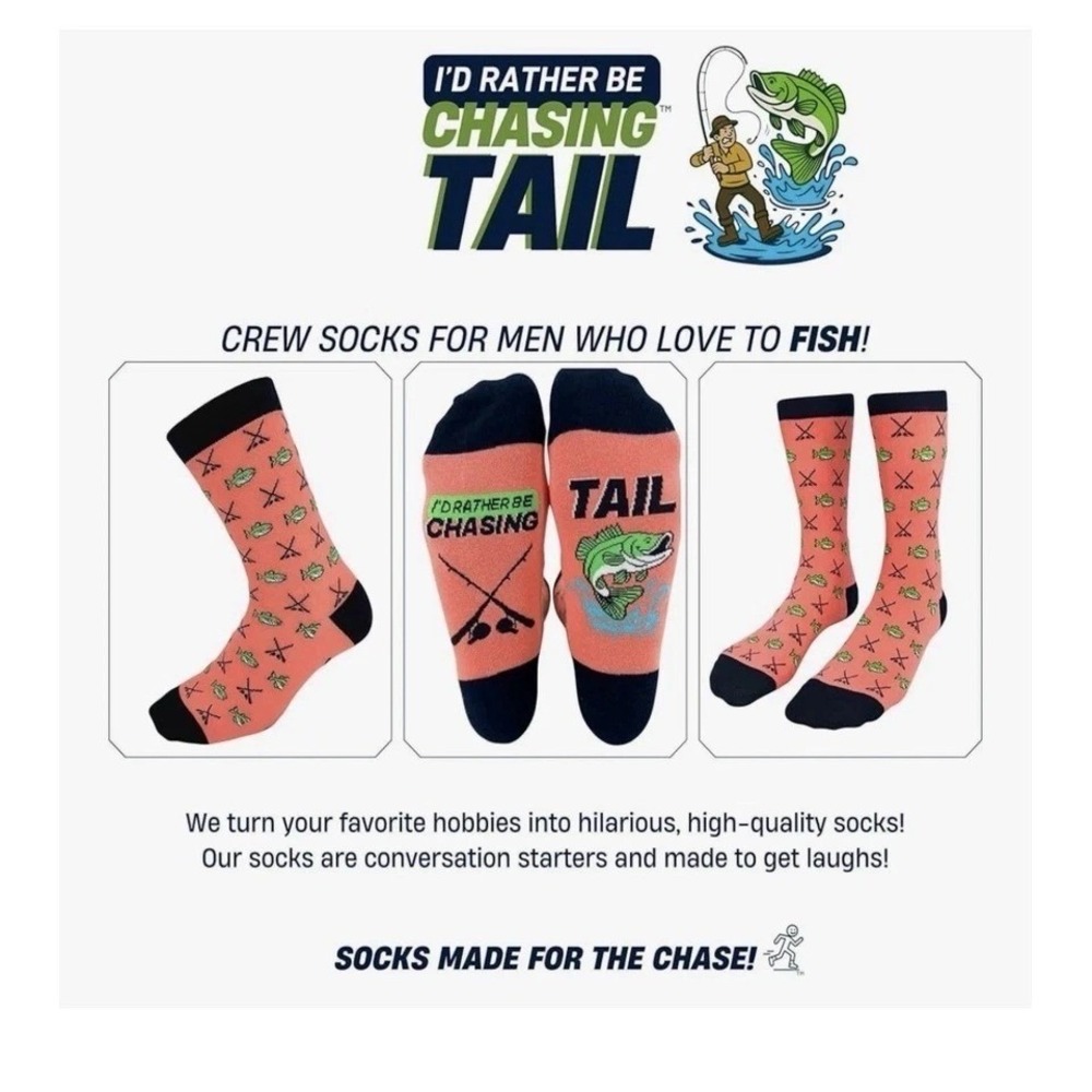 I'd Rather Be Chasing Novelty Crew Socks 3 Pack Fishing Pickleball Mens One Size - Picture 6 of 6